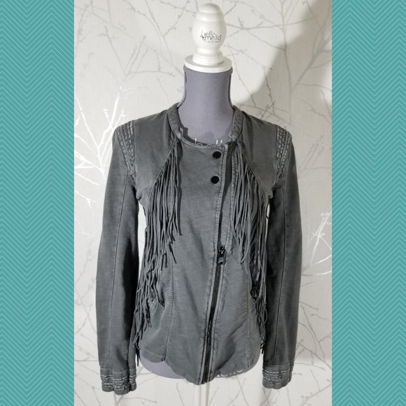 10 Feet Gray Cotton Fringed Moto Jacket Jacket - Picture 1 of 5